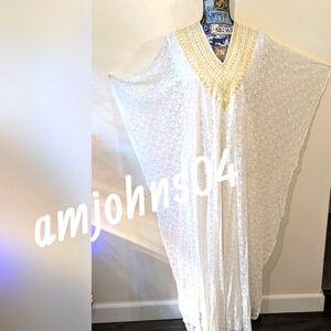 Gorgeous Cream & Gold Embroidered V- Neck Lace Kaftan Dress
